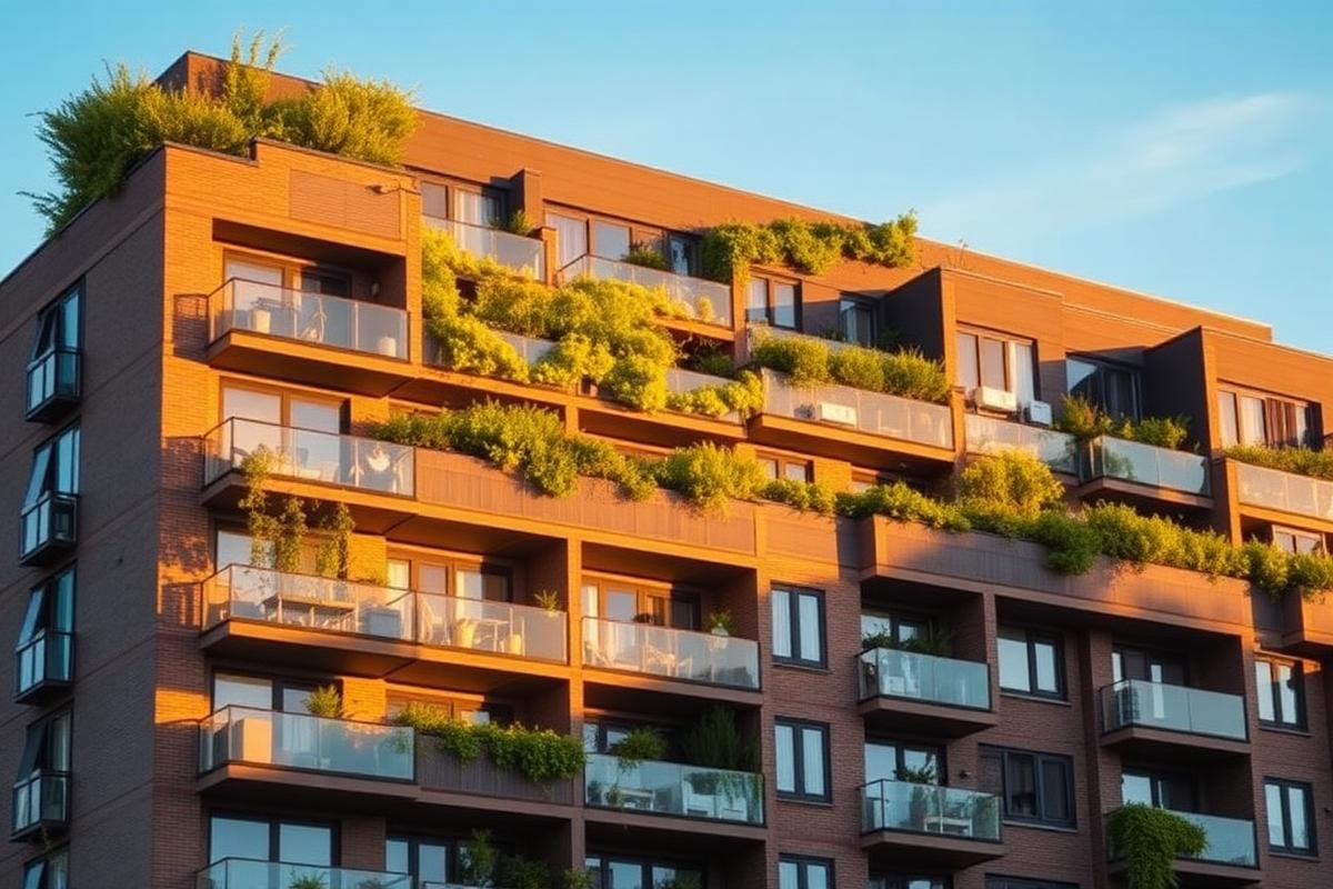 Modern British residential apartment building with green terraces