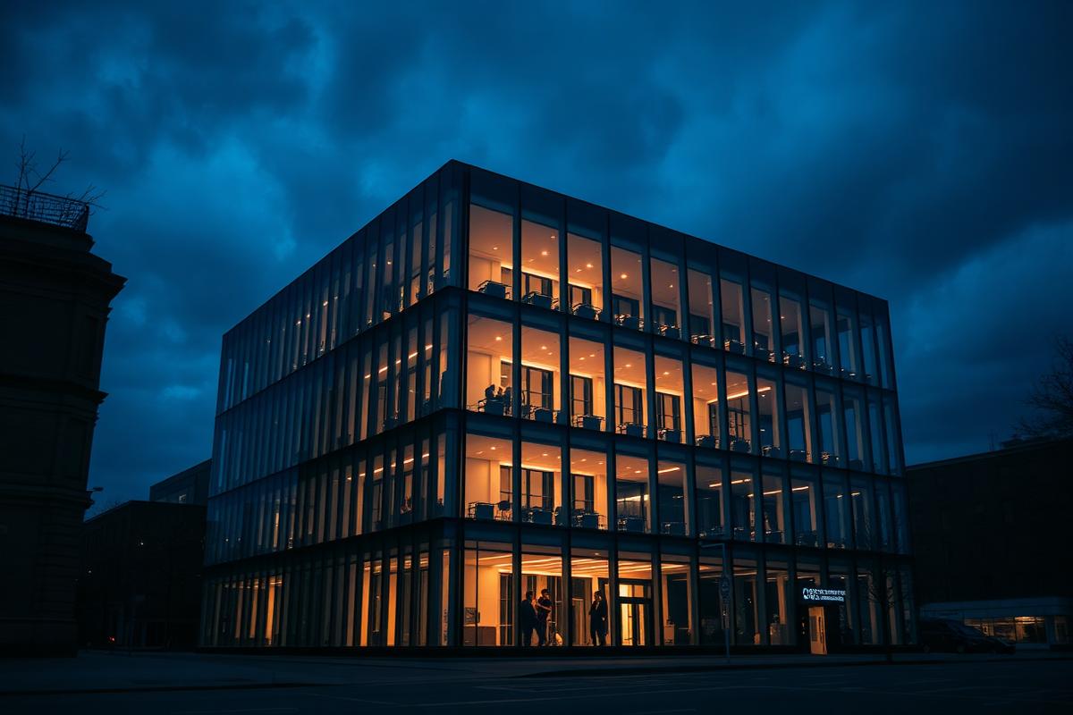 Smart office building at dusk representing UK smart building technology